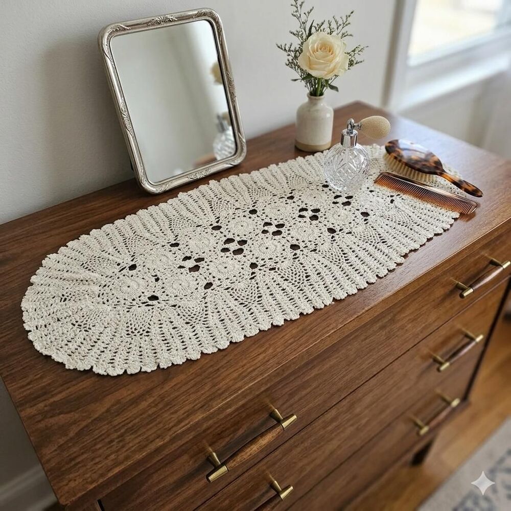 Vintage Oval Crochet Doily – 26" Delicate Floral Motif Table Accent